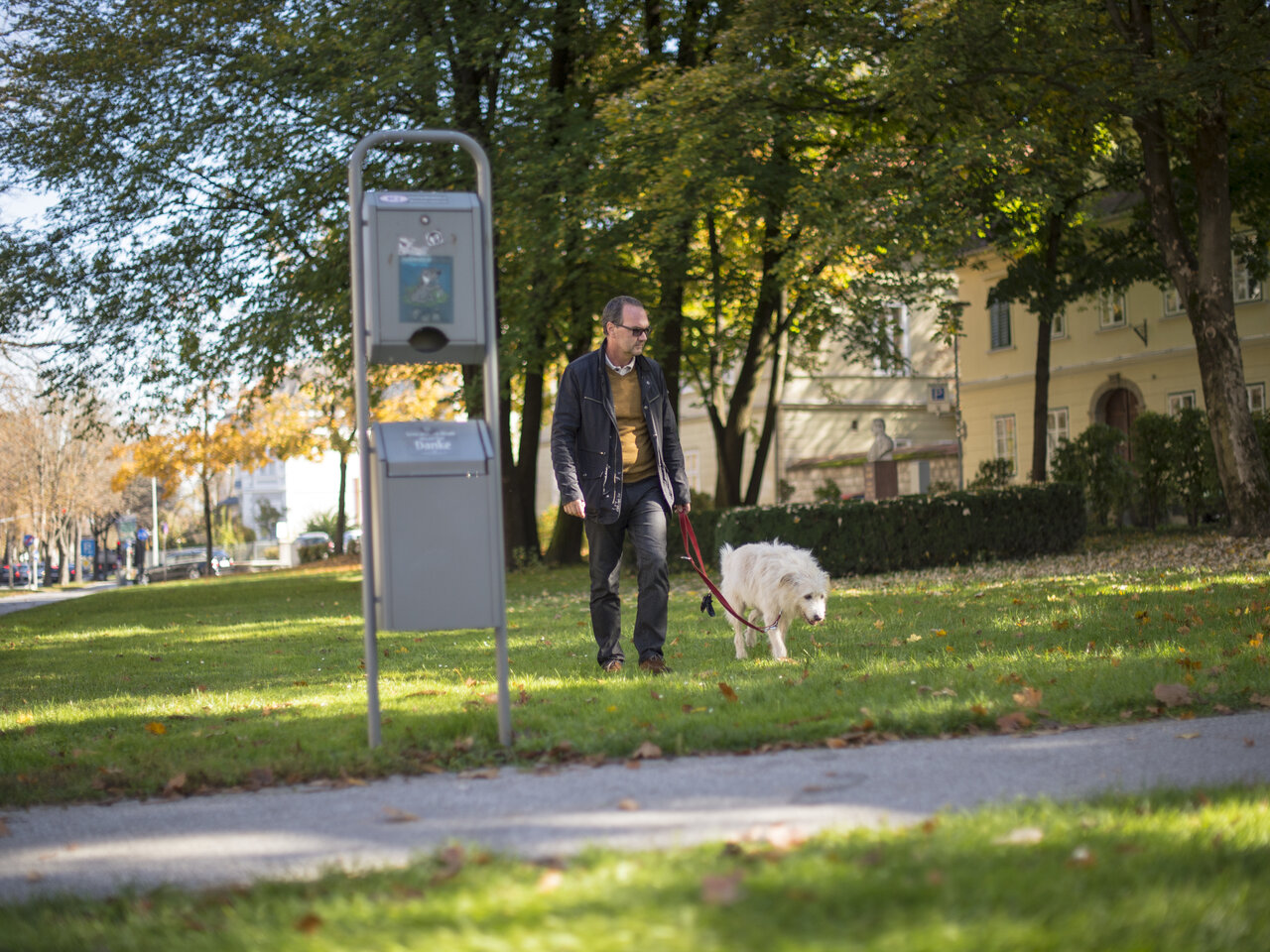 Grünfläche mit Hundebestitzer neben einem Sackerlspender