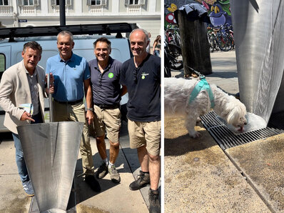 Tierschutzreferent Bürgermeister Christian Scheider und Stadtrat Max Habenicht mit Mitarbeitern der Klagenfurter Stadtgartenabteilung beim neuen Trinkwasserbrunnen für Hunde am Neuen Platz.